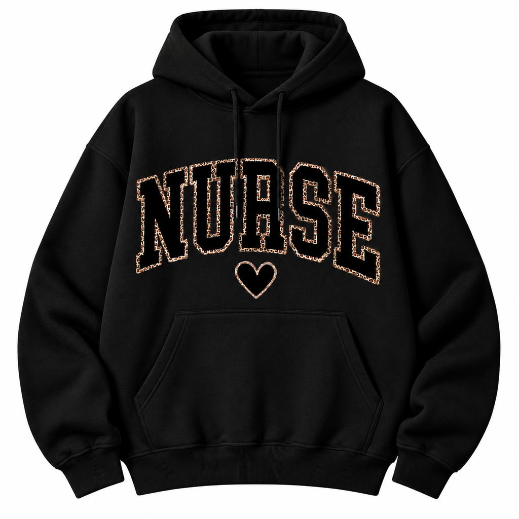 Military green crewneck sweatshirt laid flat, showing the vintage leopard print Nurse heart design