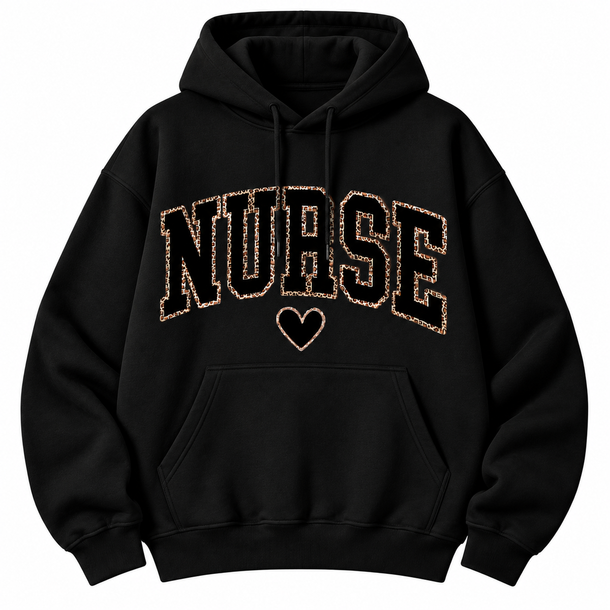 Military green crewneck sweatshirt laid flat, showing the vintage leopard print Nurse heart design