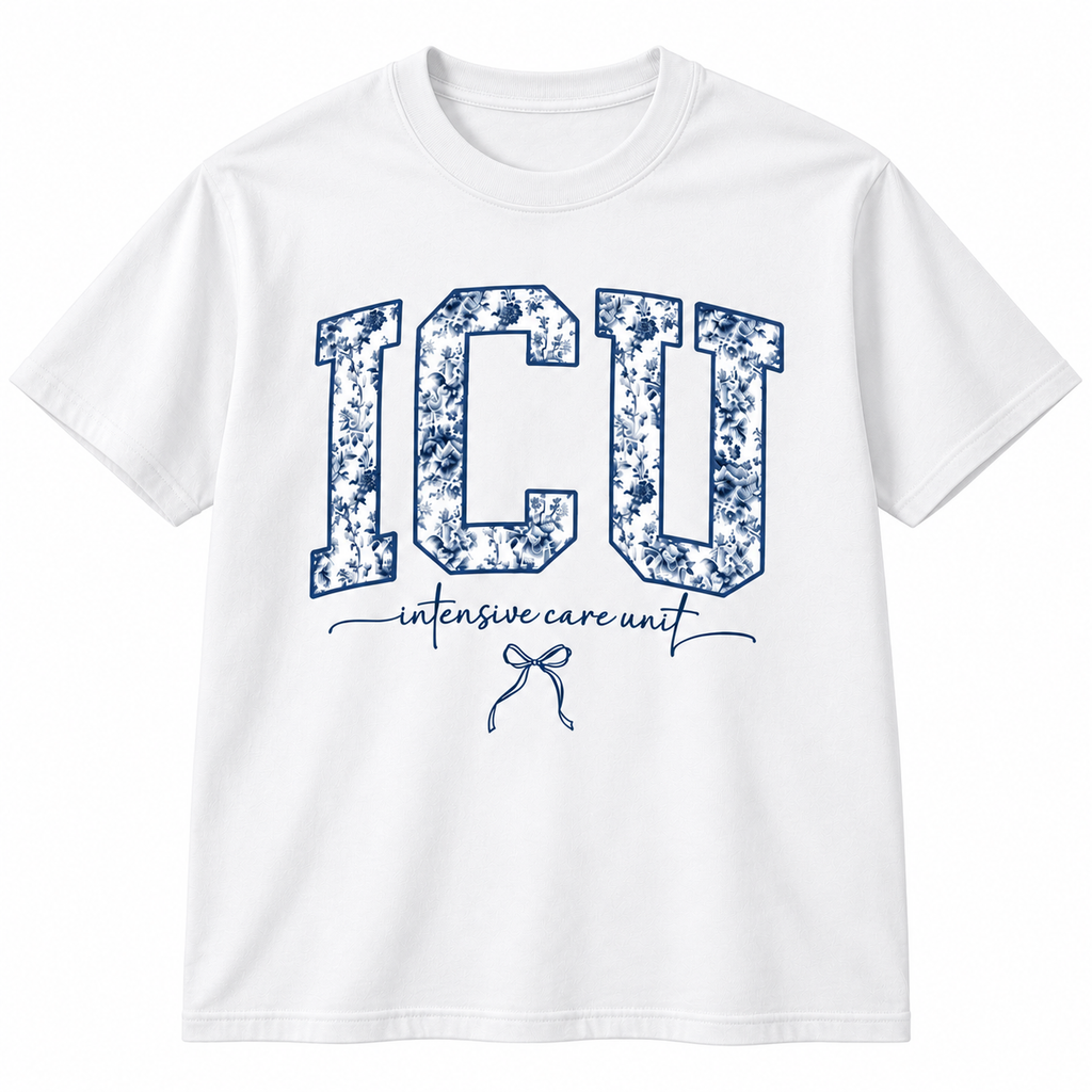 Woman wearing a light pink crewneck sweatshirt with the blue floral ICU nurse design