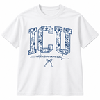 Woman wearing a light pink crewneck sweatshirt with the blue floral ICU nurse design