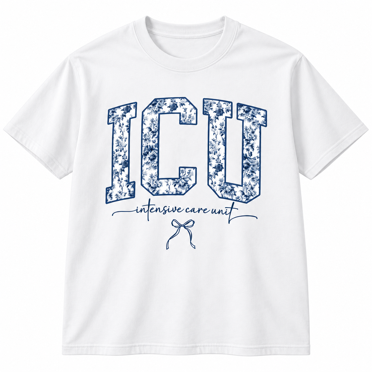 Woman wearing a light pink crewneck sweatshirt with the blue floral ICU nurse design