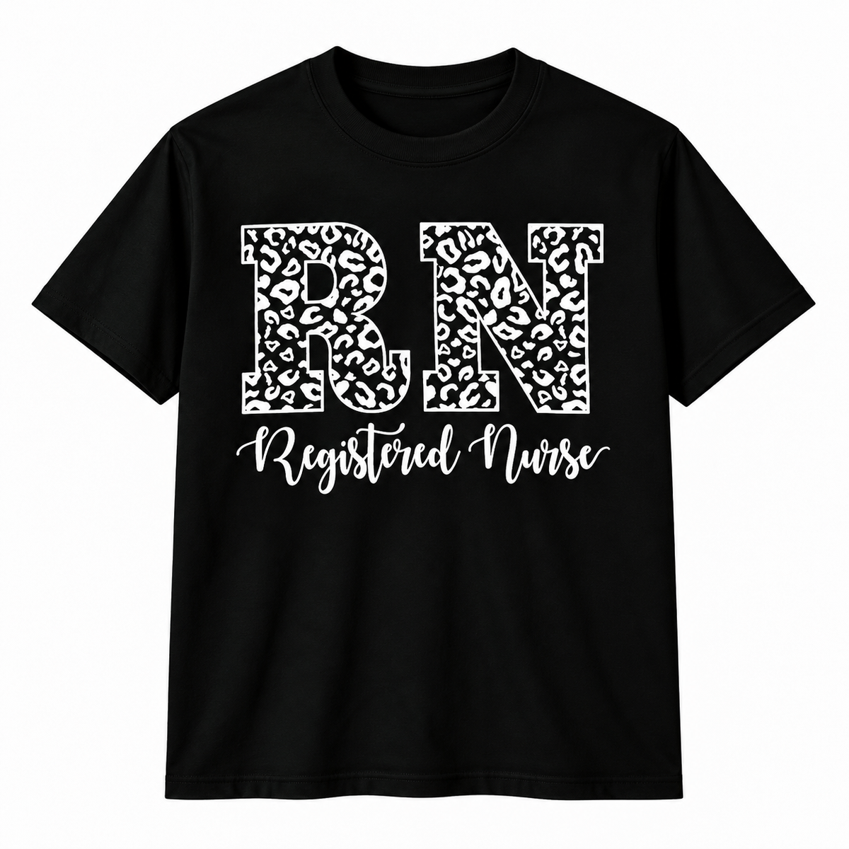 Black tee with the leopard print RN Registered Nurse design