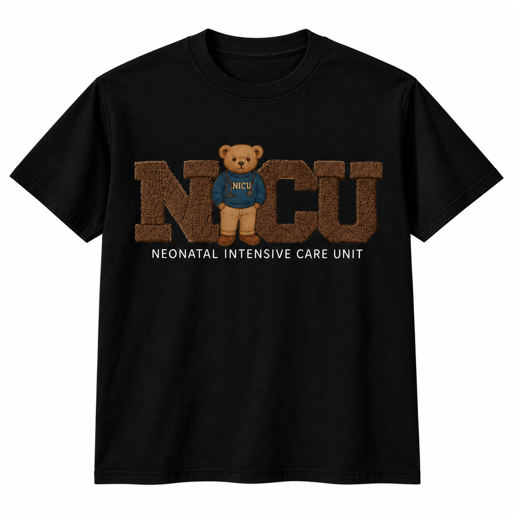Black tee with the NICU teddy bear neonatal nurse design