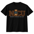 Black tee with the NICU teddy bear neonatal nurse design