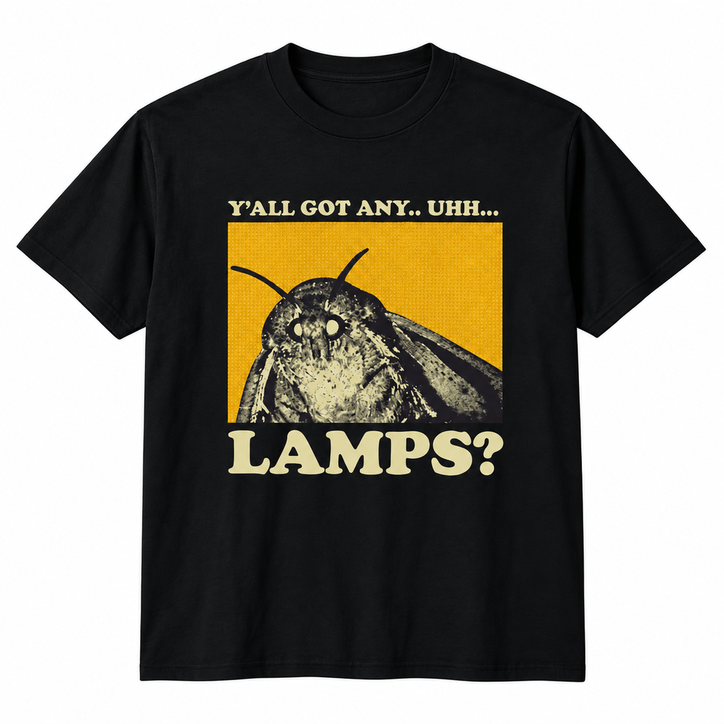 Black Y'all Got Any Lamps moth meme T-shirt displayed flat, with the retro yellow moth illustration