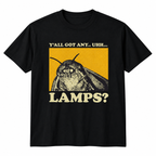 Black Y'all Got Any Lamps moth meme T-shirt displayed flat, with the retro yellow moth illustration