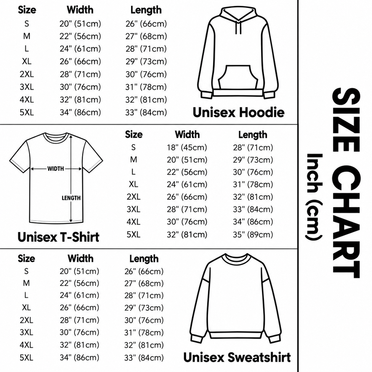 Size chart for the Y'all Got Any Lamps moth meme shirt, VINTEE unisex T-shirt, sweatshirt and hoodie sizing
