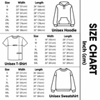 Size chart for VINTEE unisex T-shirt, sweatshirt and hoodie with width and length measurements