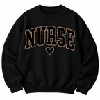 Maroon crewneck sweatshirt laid flat, with leopard print Nurse lettering and a heart graphic