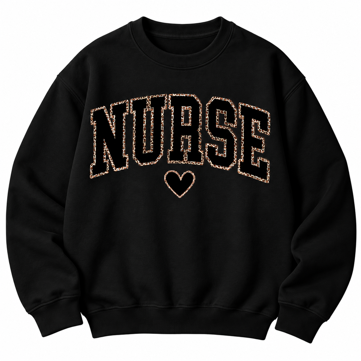 Maroon crewneck sweatshirt laid flat, with leopard print Nurse lettering and a heart graphic