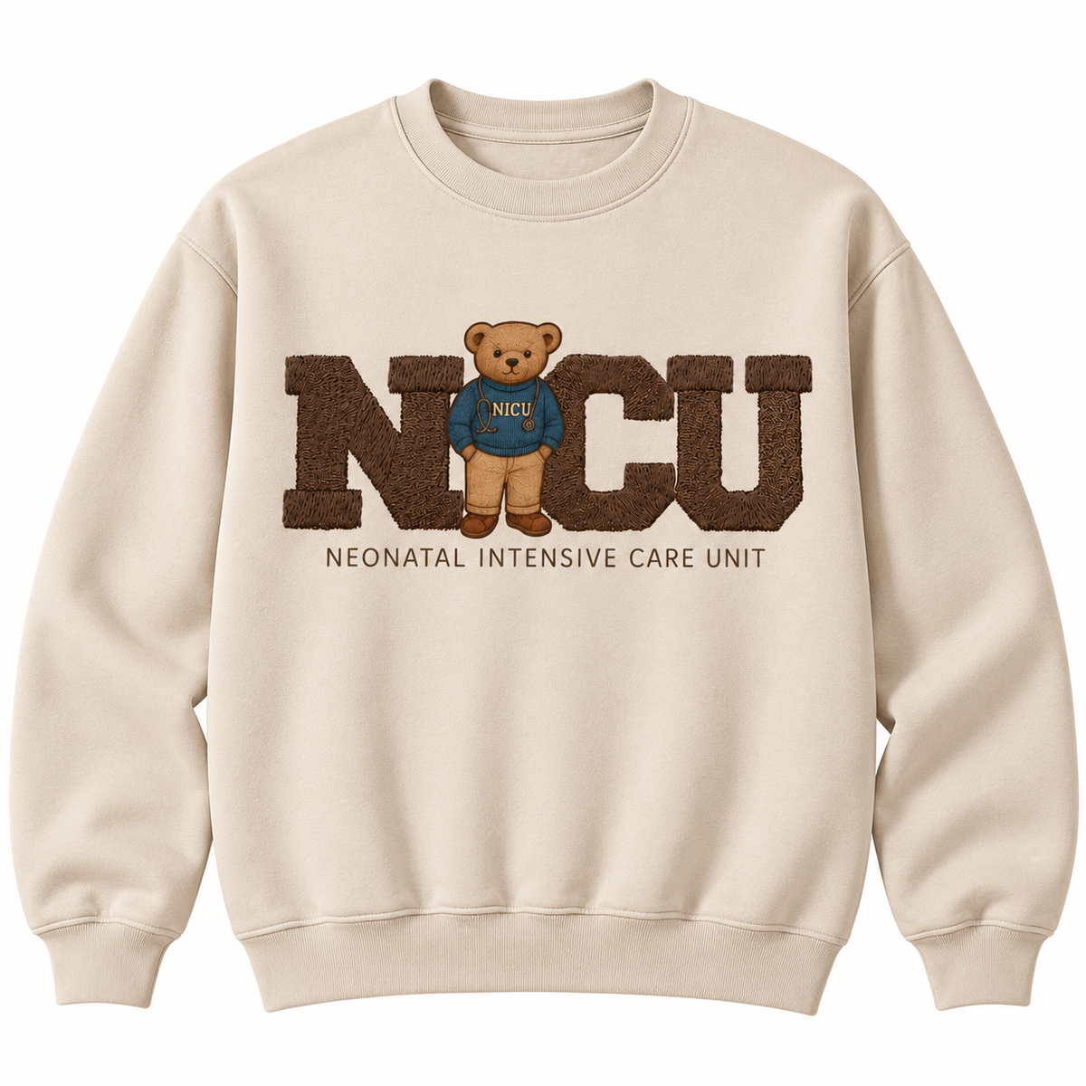 Cream crewneck sweatshirt with the vintage NICU teddy bear nurse graphic