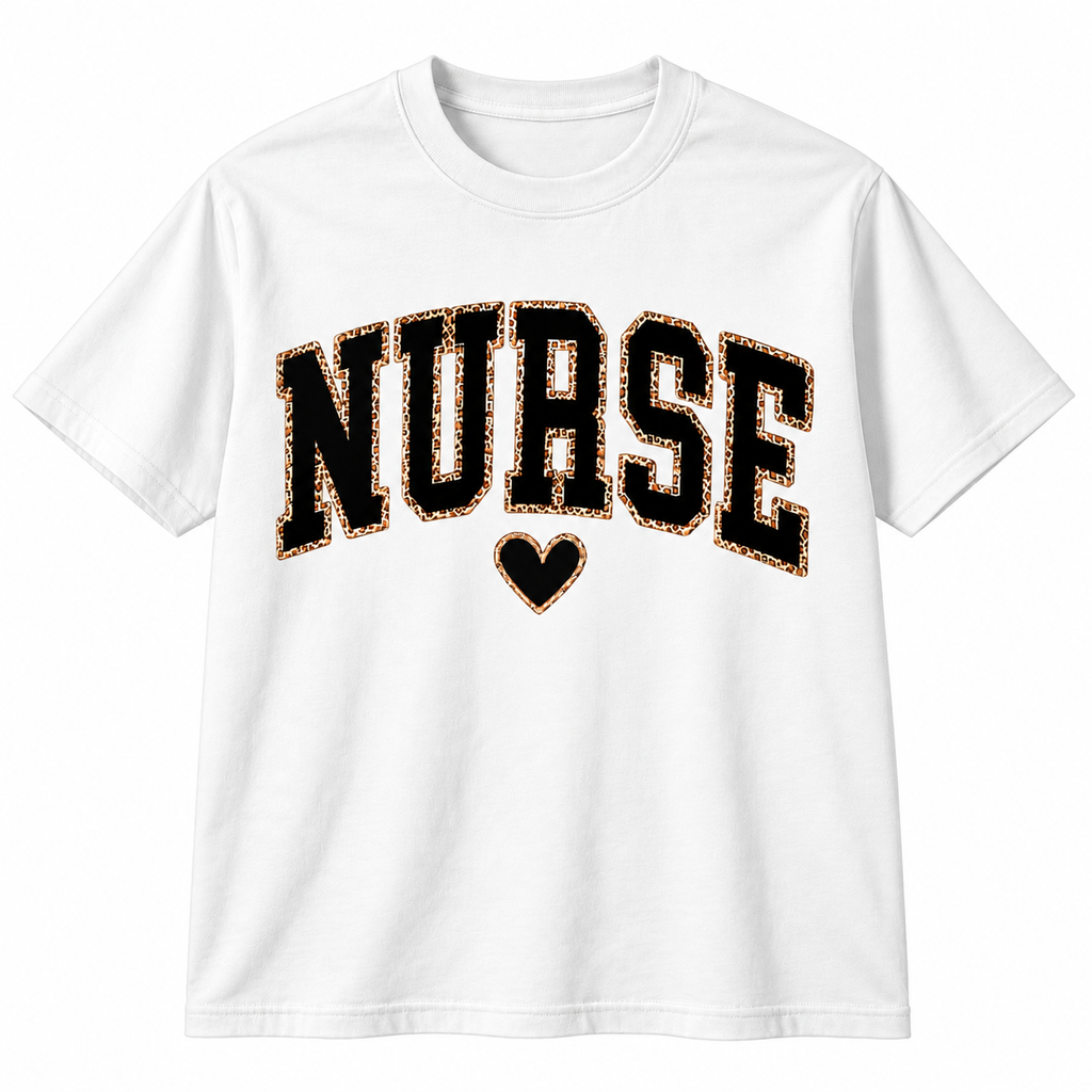 Light pink crewneck sweatshirt displayed flat, showing the leopard print Nurse heart graphic design