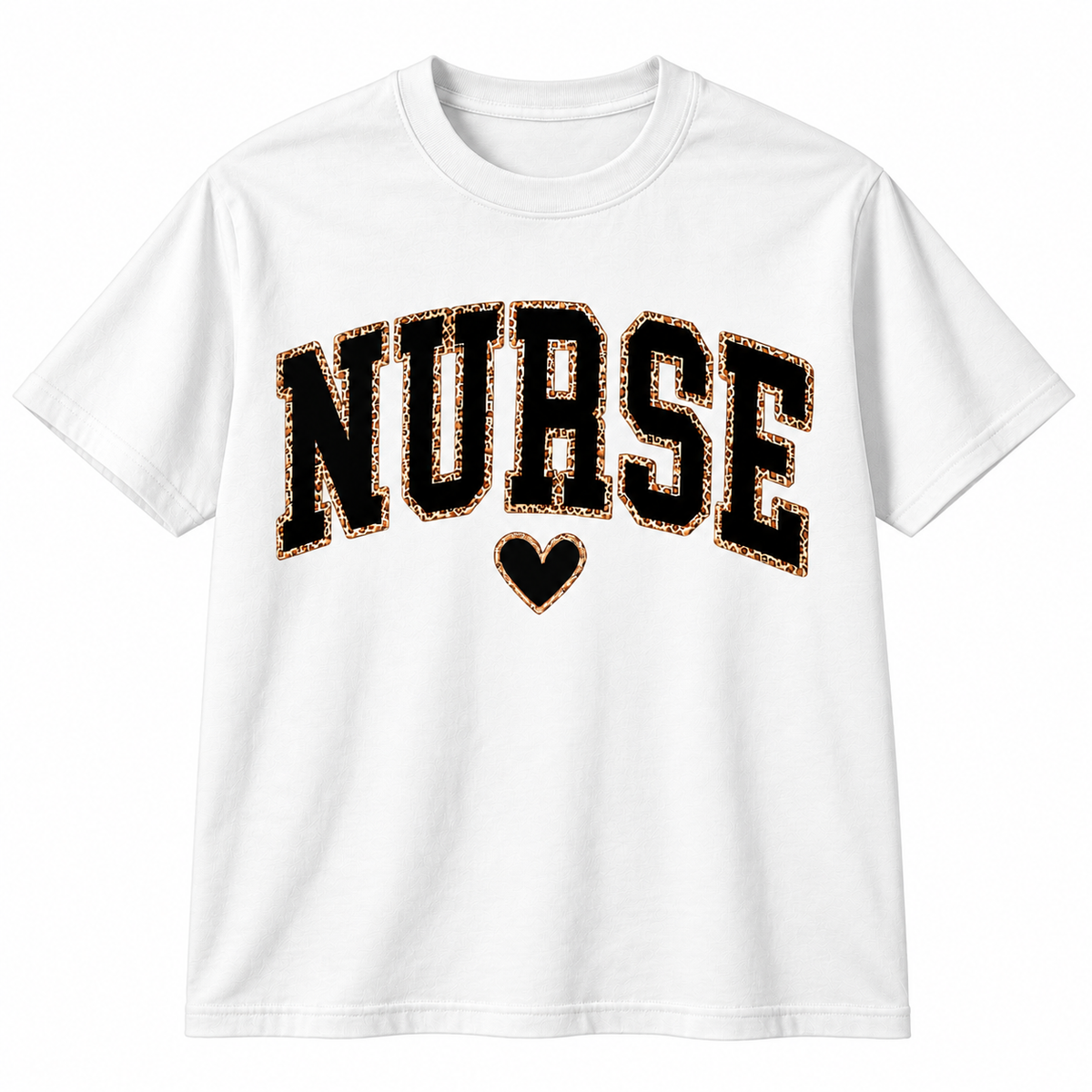 Light pink crewneck sweatshirt displayed flat, showing the leopard print Nurse heart graphic design