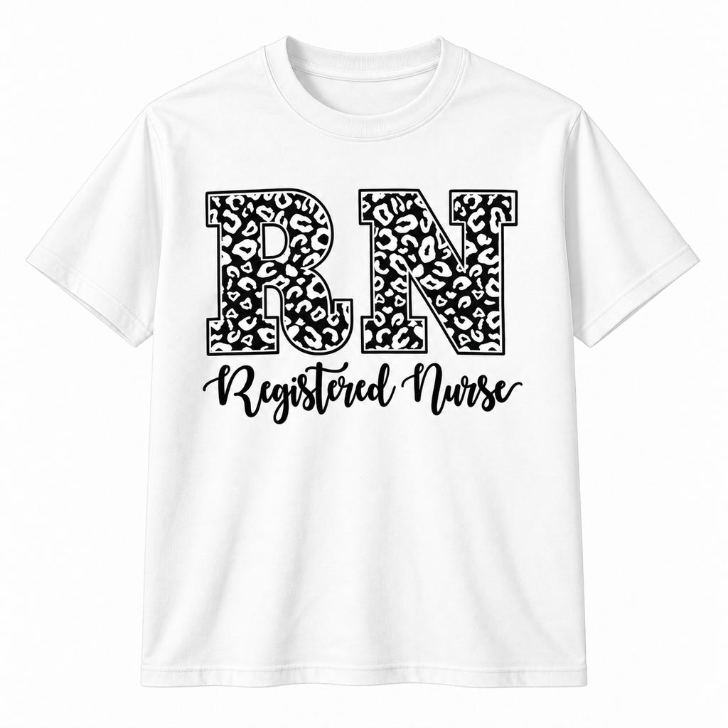White tee with the leopard print RN Registered Nurse graphic