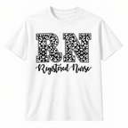 White tee with the leopard print RN Registered Nurse graphic