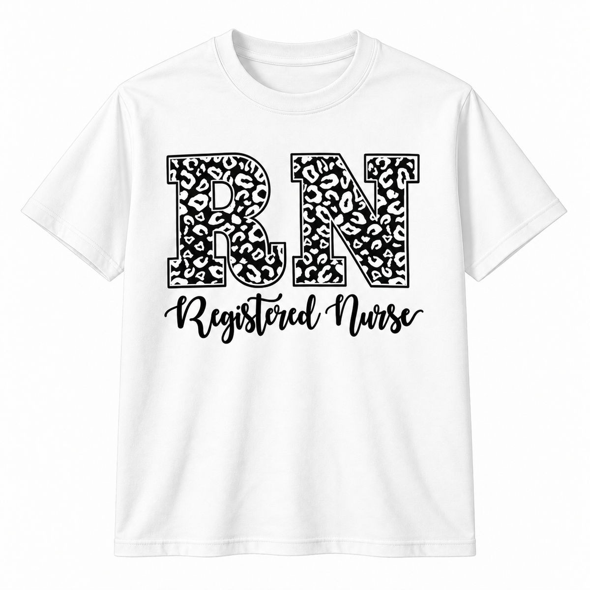 White tee with the leopard print RN Registered Nurse graphic