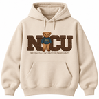 Cream hoodie with the NICU teddy bear Neonatal Intensive Care Unit design