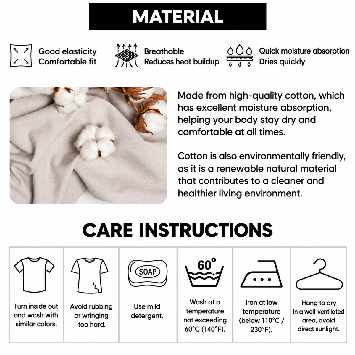 Material and care instructions infographic for the Y'all Got Any Lamps moth meme shirt from VINTEE