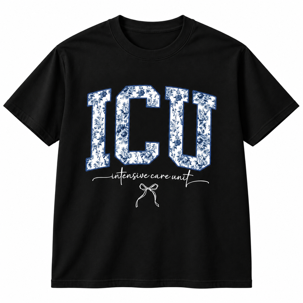 Woman wearing a white crewneck with blue floral ICU lettering, a gift for intensive care nurses