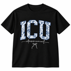 Woman wearing a white crewneck with blue floral ICU lettering, a gift for intensive care nurses