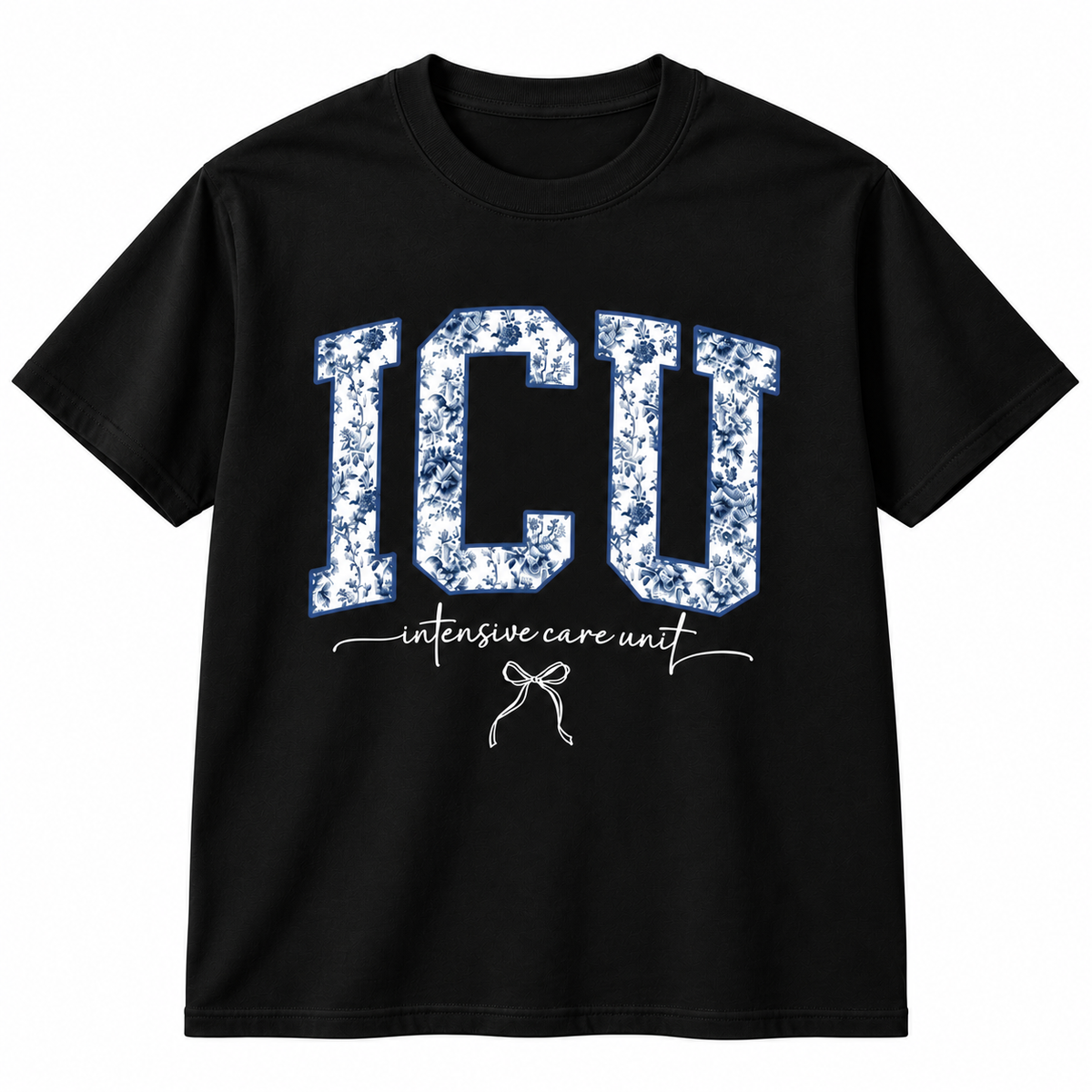 Woman wearing a white crewneck with blue floral ICU lettering, a gift for intensive care nurses