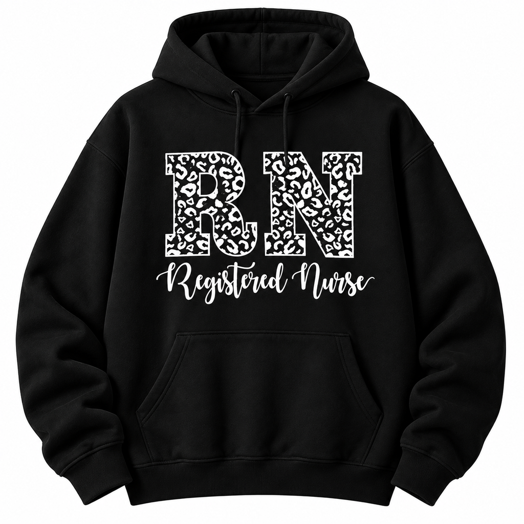 Black hoodie with the leopard print RN Registered Nurse graphic