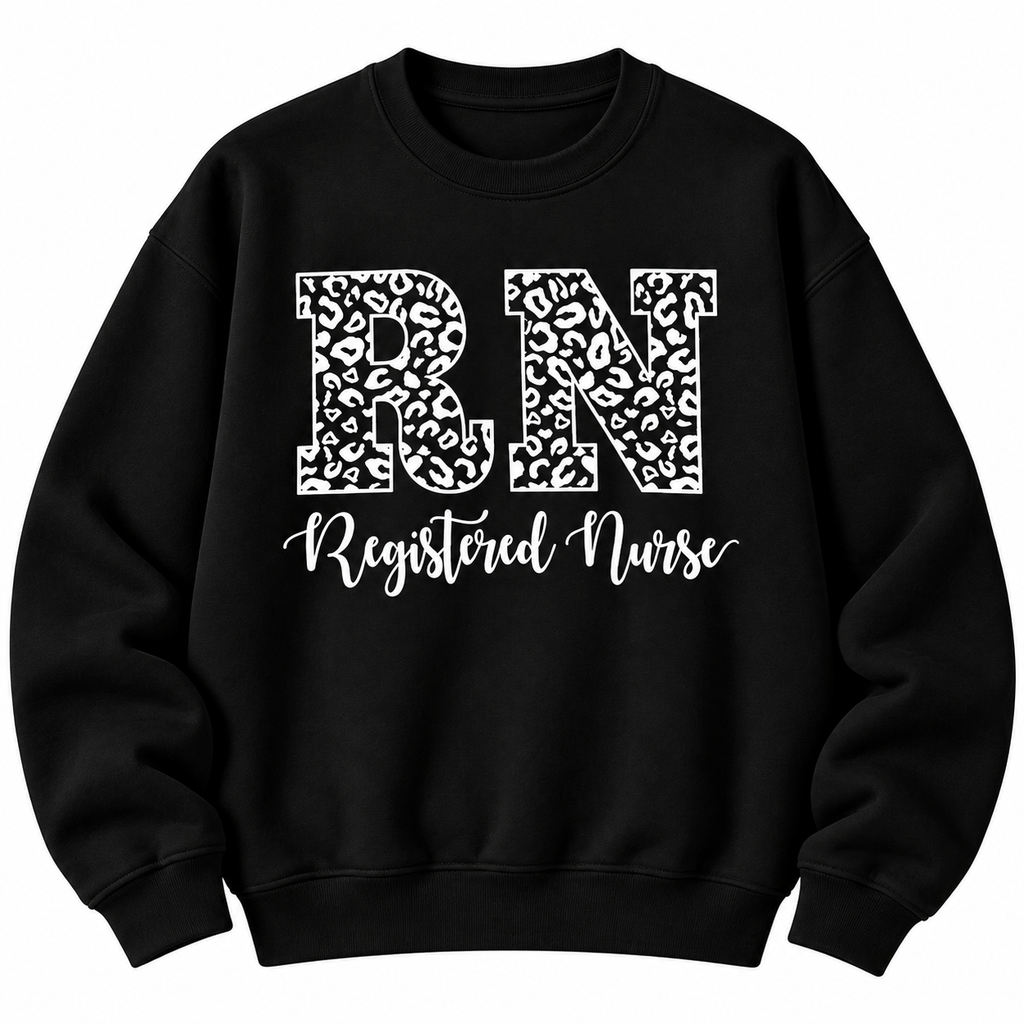 Black crewneck sweatshirt with the leopard print RN Registered Nurse design