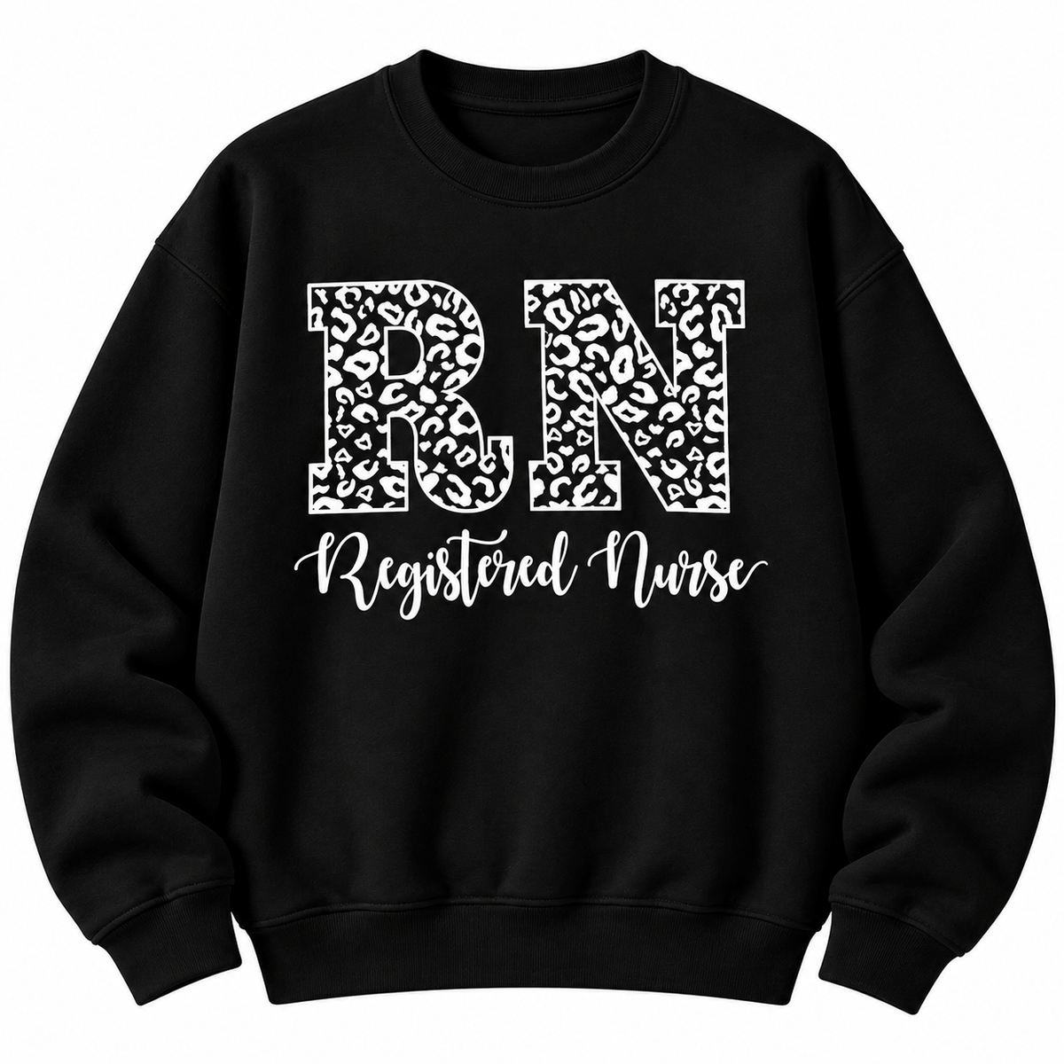 Black crewneck sweatshirt with the leopard print RN Registered Nurse design