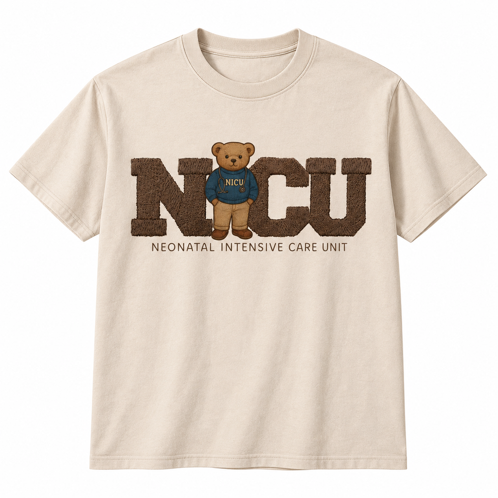 Cream tee with the vintage NICU teddy bear Neonatal Intensive Care Unit graphic