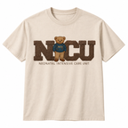 Cream tee with the vintage NICU teddy bear Neonatal Intensive Care Unit graphic