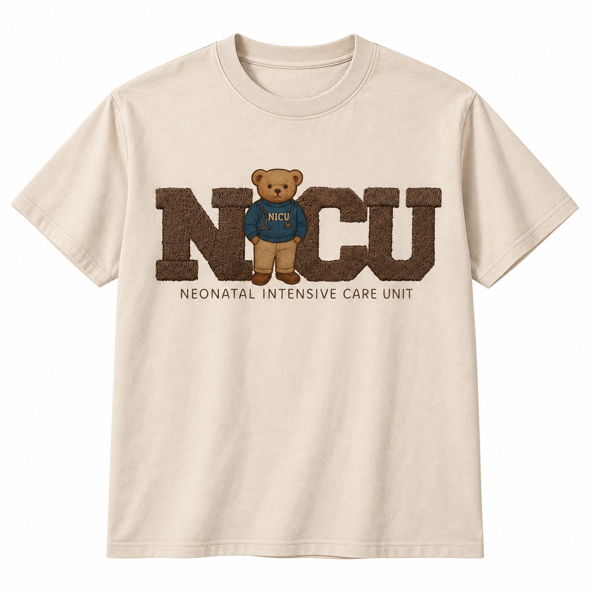 Cream tee with the vintage NICU teddy bear Neonatal Intensive Care Unit graphic