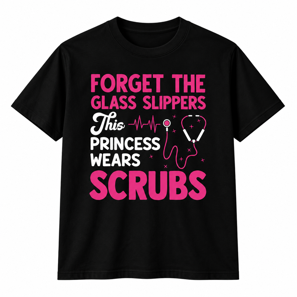 Black graphic tee styled with a denim jacket, featuring the This Princess Wears Scrubs funny nurse design