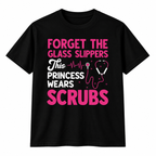 Black graphic tee styled with a denim jacket, featuring the This Princess Wears Scrubs funny nurse design