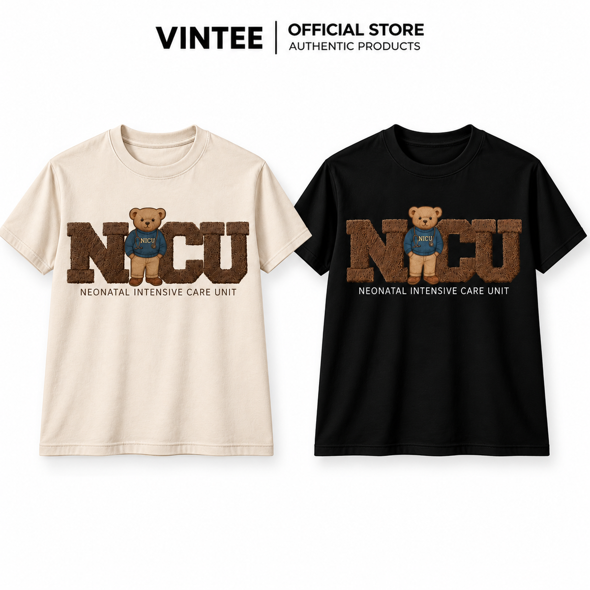 Cream and black tees side by side with the NICU teddy bear neonatal nurse graphic