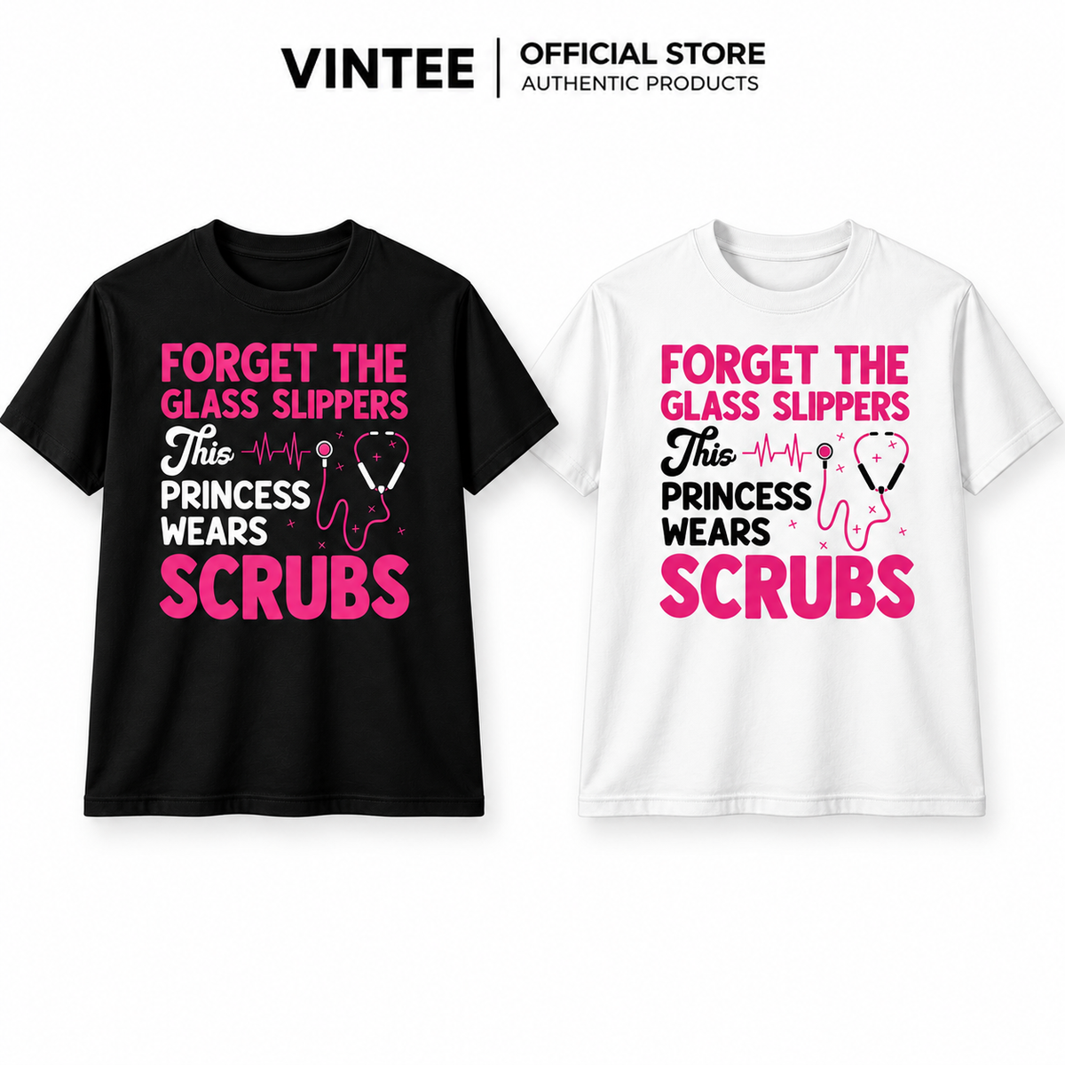 Black crewneck sweatshirt laid flat, showing the This Princess Wears Scrubs funny nurse graphic in pink