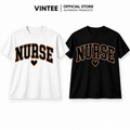 Dark chocolate crewneck sweatshirt laid flat, showing leopard print NURSE lettering with a heart design