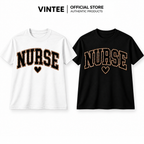 Dark chocolate crewneck sweatshirt laid flat, showing leopard print NURSE lettering with a heart design