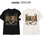 Black and white tees with the Hunting Camo Mama deer antler and duck graphic