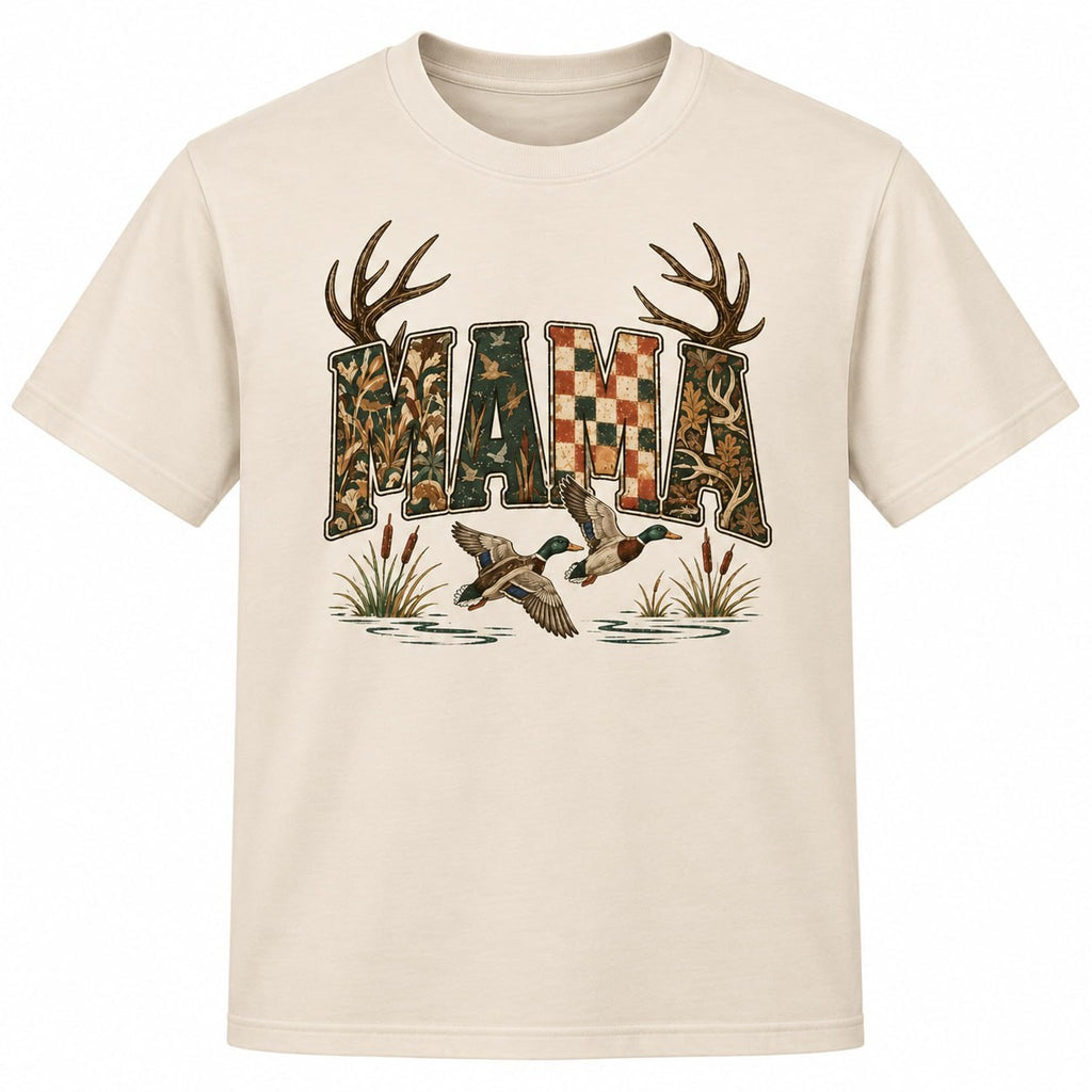Sand tee with the vintage Mama deer antlers and duck hunting design
