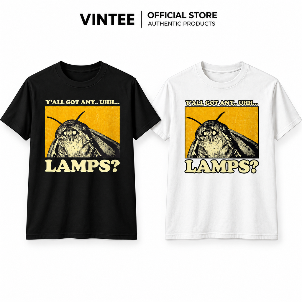 Black and white VINTEE tees side by side in a brand banner for the Y'all Got Any Lamps moth meme shirt